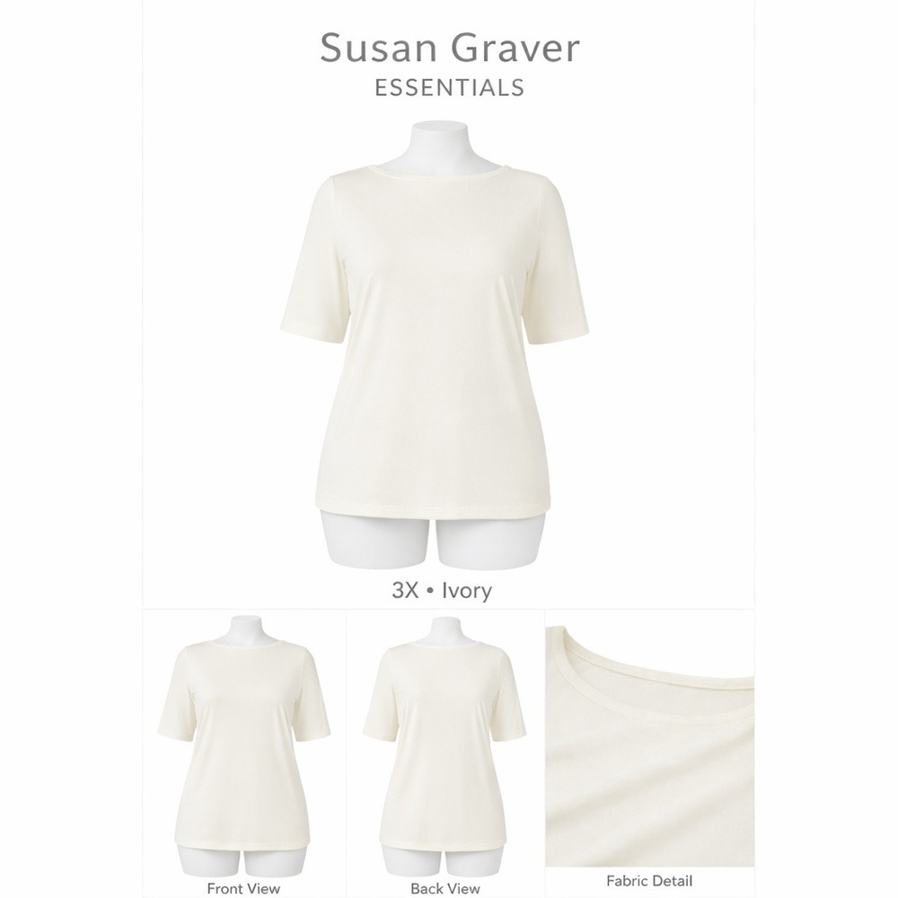 Susan Graver Essentials Ivory Bateau Neck Elbow‎ Sleeve Top Plus Size 3X New